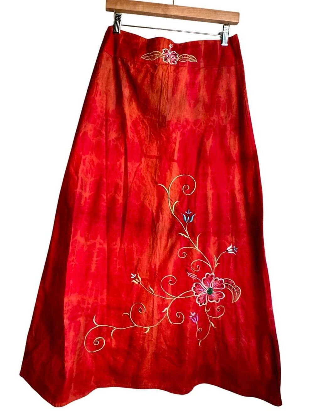 Vintage 90s Gemini Tie Dye Red Embroidered A-Line Midi Skirt Whimsigoth